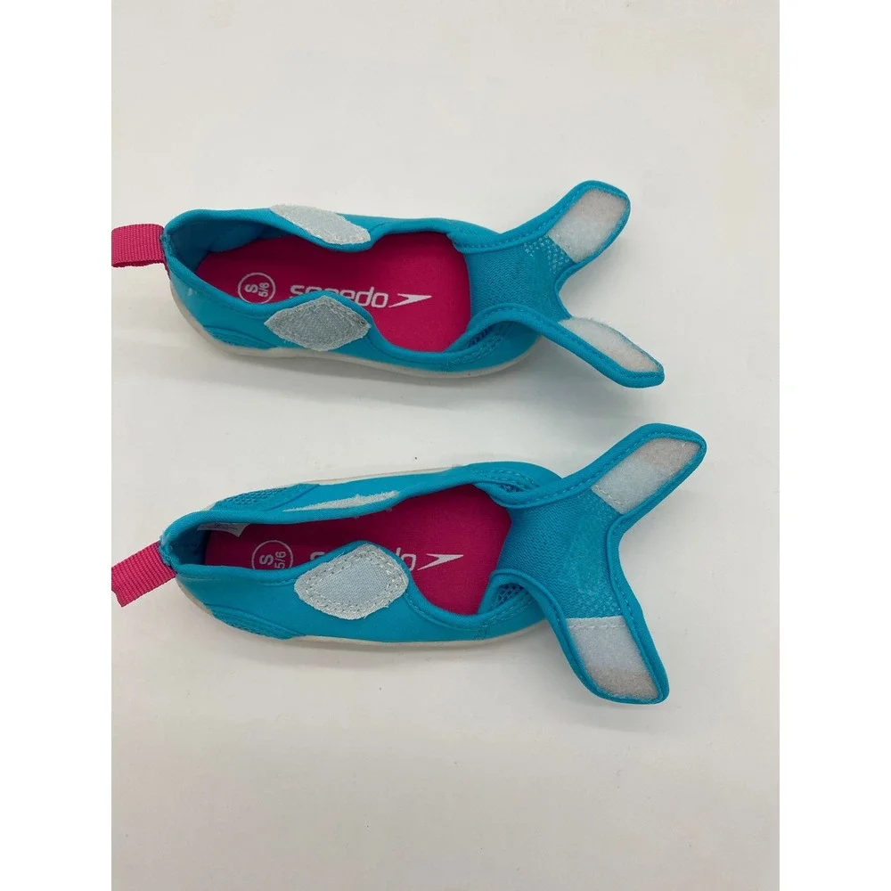 Speedo Kids Water Shoes Turquoise Blue Pink Mesh Hook Loop Size S 5/6